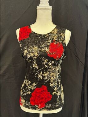 Ninety Black Lace Tank Top with Red and Cream Floral Accents
